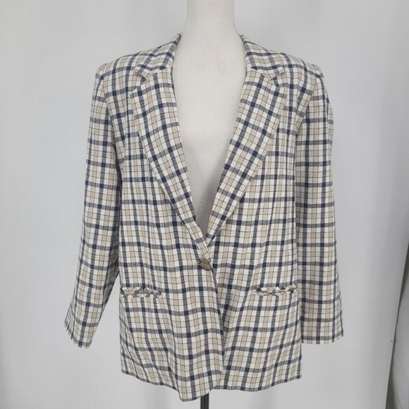 Requirements Jackets & Blazers - Requirements Linen Blend Plaid Blazer Jacket Lined One Button Pockets Size 16